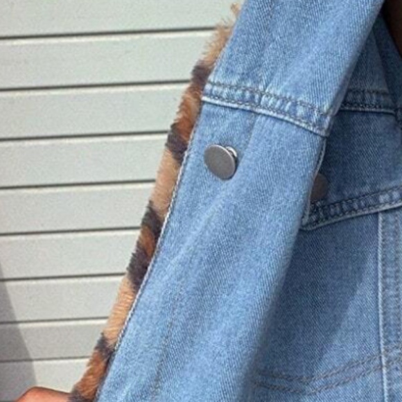 Luxe Leopard Print Vegan Fur Denim Jean Reversible Jacket Coat - Picture 4 of 6